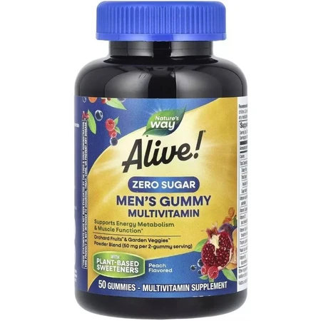 Мультивитамины для мужчин, без сахара, вкус персика, Alive! Men's Gummy Multivitamin, Nature's Way, 50 жевательных конфет: цены и характеристики