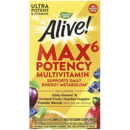 Мультивитамины повышенной эффективности без железа, Alive! Max6 Potency Multivitamin, No Added Iron, Nature's Way, 90 Капсул: цены и характеристики