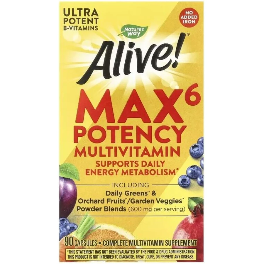 Мультивитамины повышенной эффективности без железа, Alive! Max6 Potency Multivitamin, No Added Iron, Nature's Way, 90 Капсул: цены и характеристики