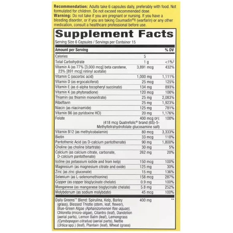 Мультивитамины повышенной эффективности без железа, Alive! Max6 Potency Multivitamin, No Added Iron, Nature's Way, 90 Капсул: цены и характеристики