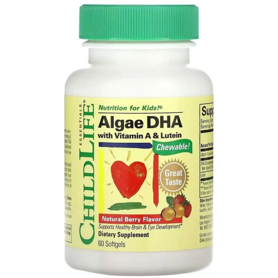Дитячий DHA, з водоростей з вітаміном А та лютеїном, смак ягід, Algae DHA with Vitamin A & Lutein, ChildLife, 60 гелевих капсул: ціни та характеристики