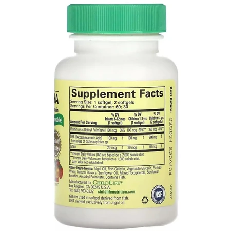 Дитячий DHA, з водоростей з вітаміном А та лютеїном, смак ягід, Algae DHA with Vitamin A & Lutein, ChildLife, 60 гелевих капсул: ціни та характеристики