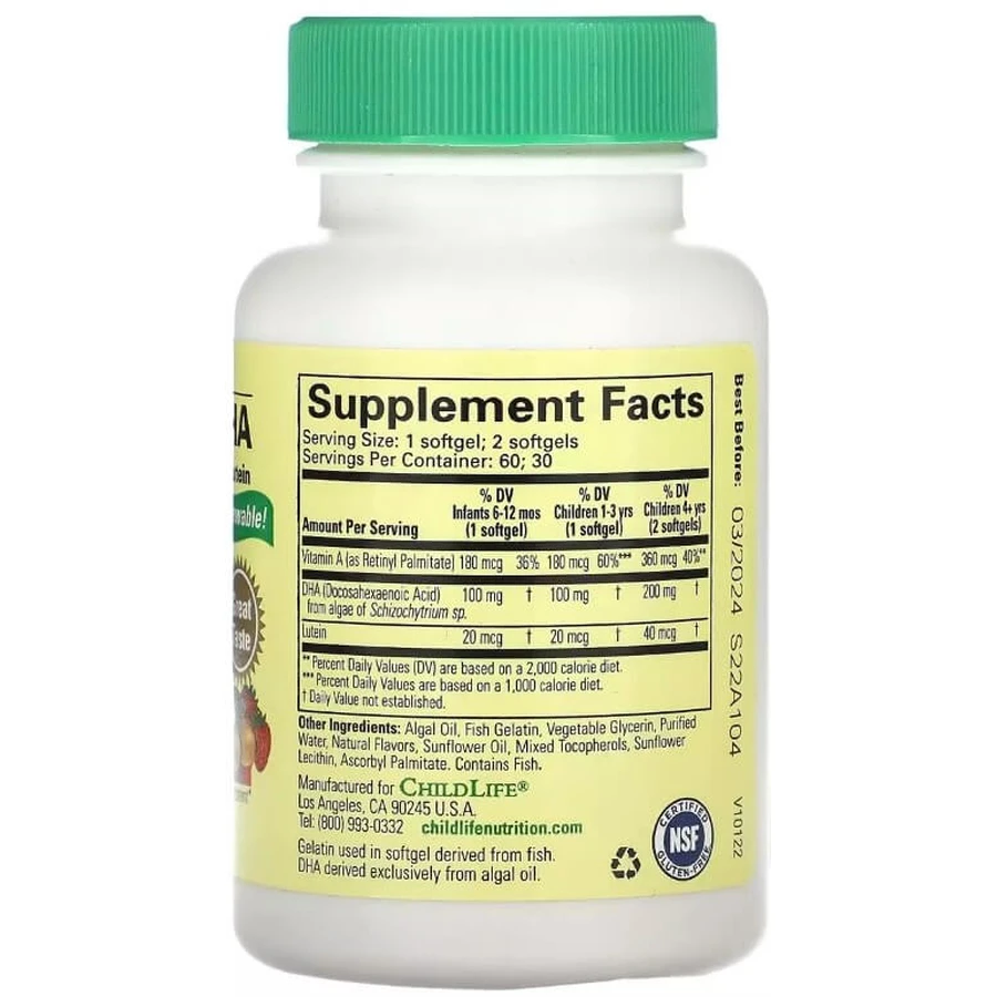 Дитячий DHA, з водоростей з вітаміном А та лютеїном, смак ягід, Algae DHA with Vitamin A & Lutein, ChildLife, 60 гелевих капсул: ціни та характеристики