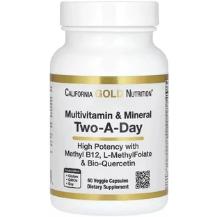 Мультивітаміни та мінерали, Multivitamin and Mineral, Two-A-Day, California Gold Nutrition, 60 вегетаріанських капсул