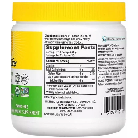 Клітковина пребіотична органічна, Completely Clear Organic Prebiotic Fiber, Renew Life, 198 гр: ціни та характеристики