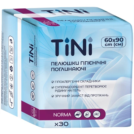 Пелюшки гігієнічні поглинаючі TiNi Norma 60х90 см, 30 шт.: ціни та характеристики