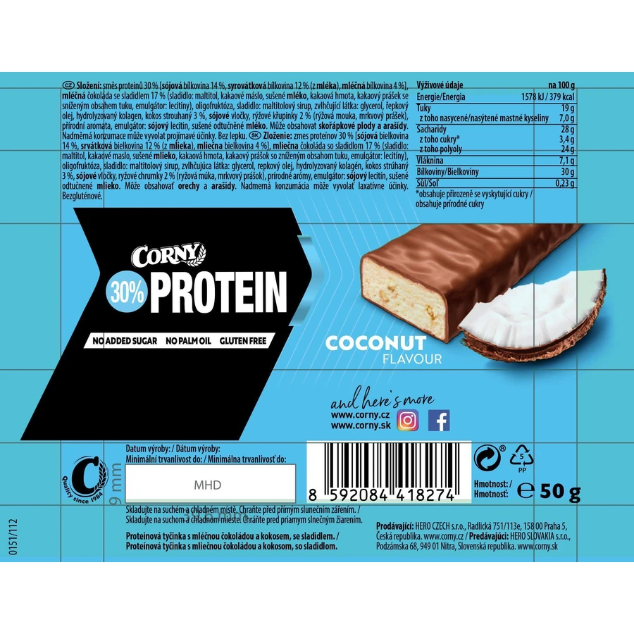 Corny Protein 30% протеїновий батончик кокосовий 50 г: ціни та характеристики