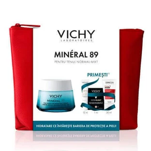 Крем для всіх типів шкіри Mineral 89, 50 мл + Флюїд з SPF 50+ Capital Soleil, 15 мл + Тональний крем Dermablend, 25 Nude, 1 мл + Шампунь Aminexil Dercos, 50 мл, Vichy