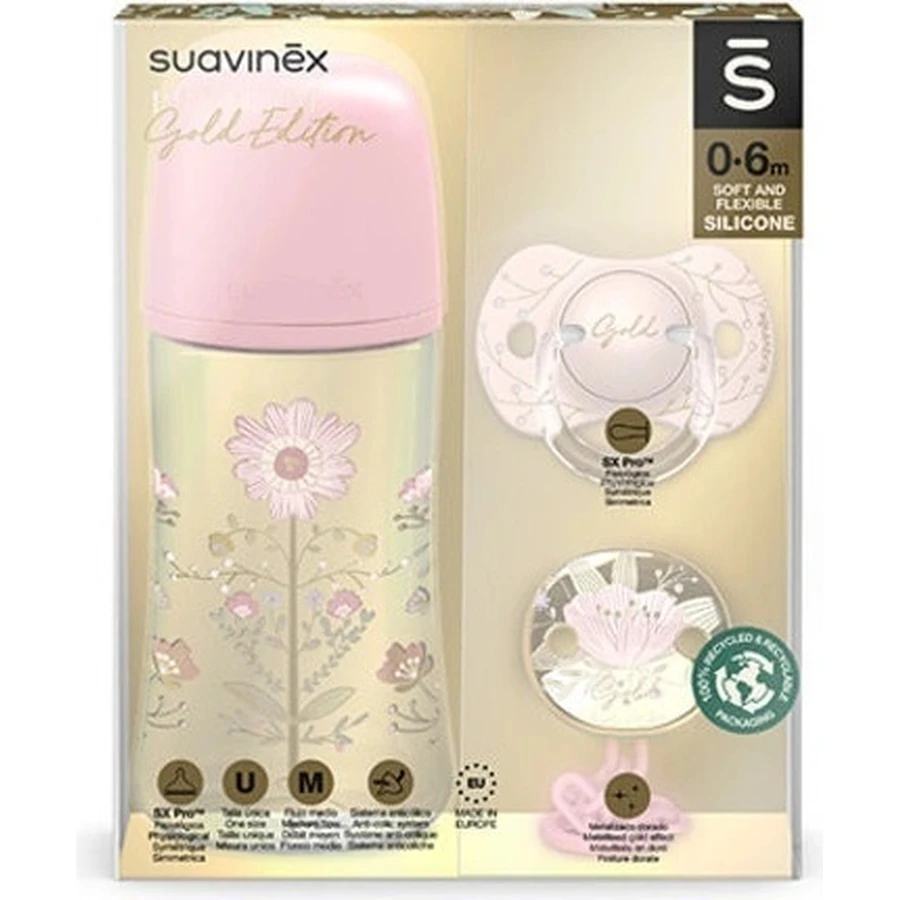 Suavinex Gold Set Pacifier Clip Gold Blue 1×1 набор, пустышка и клипса: цены и характеристики