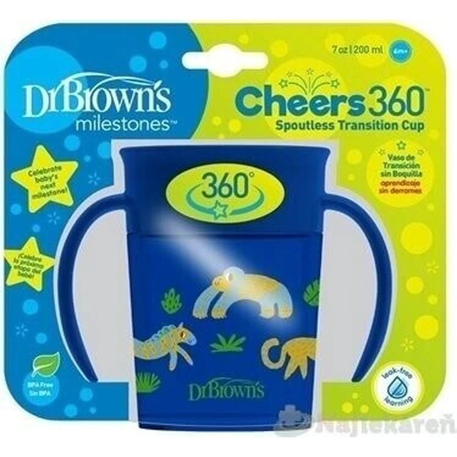 DR.BROWNS Кружка Cheers 360° JUNGLE 6M+ голубая 1×200 мл, питье без капель и проливов: цены и характеристики