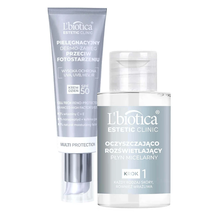 L'Biotica Estetic Clinic Мультизахист, антивіковий догляд, SPF 50, 35 мл + очищувальний та освітлювальний міцелярний лосьйон, 50 мл безкоштовно: ціни та характеристики