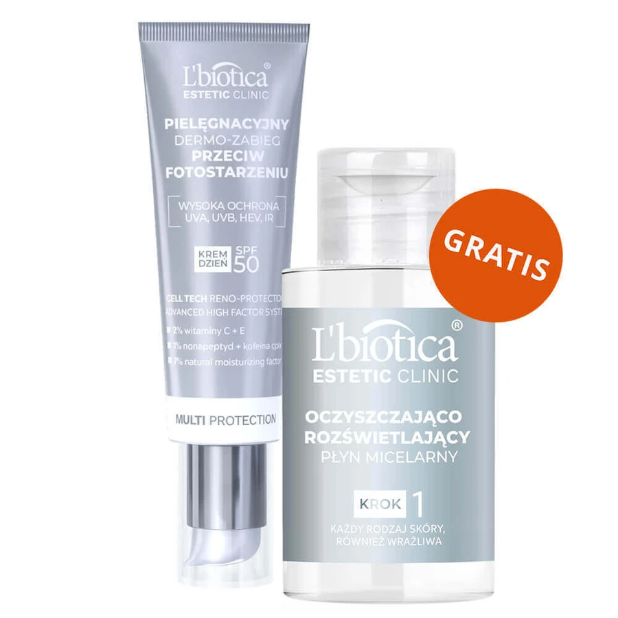 L'Biotica Estetic Clinic Мультизахист, антивіковий догляд, SPF 50, 35 мл + очищувальний та освітлювальний міцелярний лосьйон, 50 мл безкоштовно: ціни та характеристики