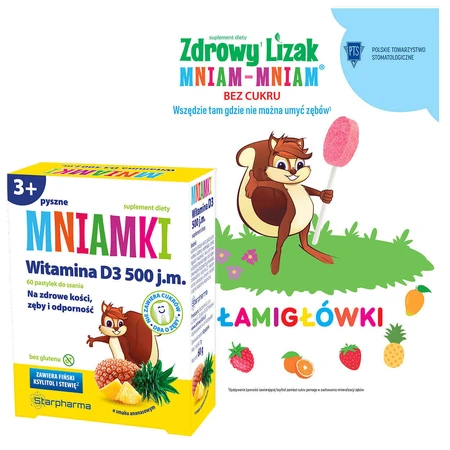 Mniamki Вітамін D3 500 МО, від 3 років, зі смаком ананасу, 60 пастилок + безкоштовний буклет "Аміга: ціни та характеристики
