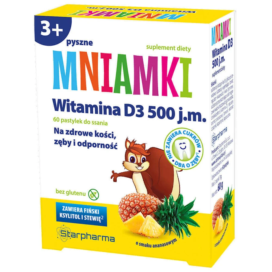 Mniamki Вітамін D3 500 МО, від 3 років, зі смаком ананасу, 60 пастилок + безкоштовний буклет "Аміга: ціни та характеристики
