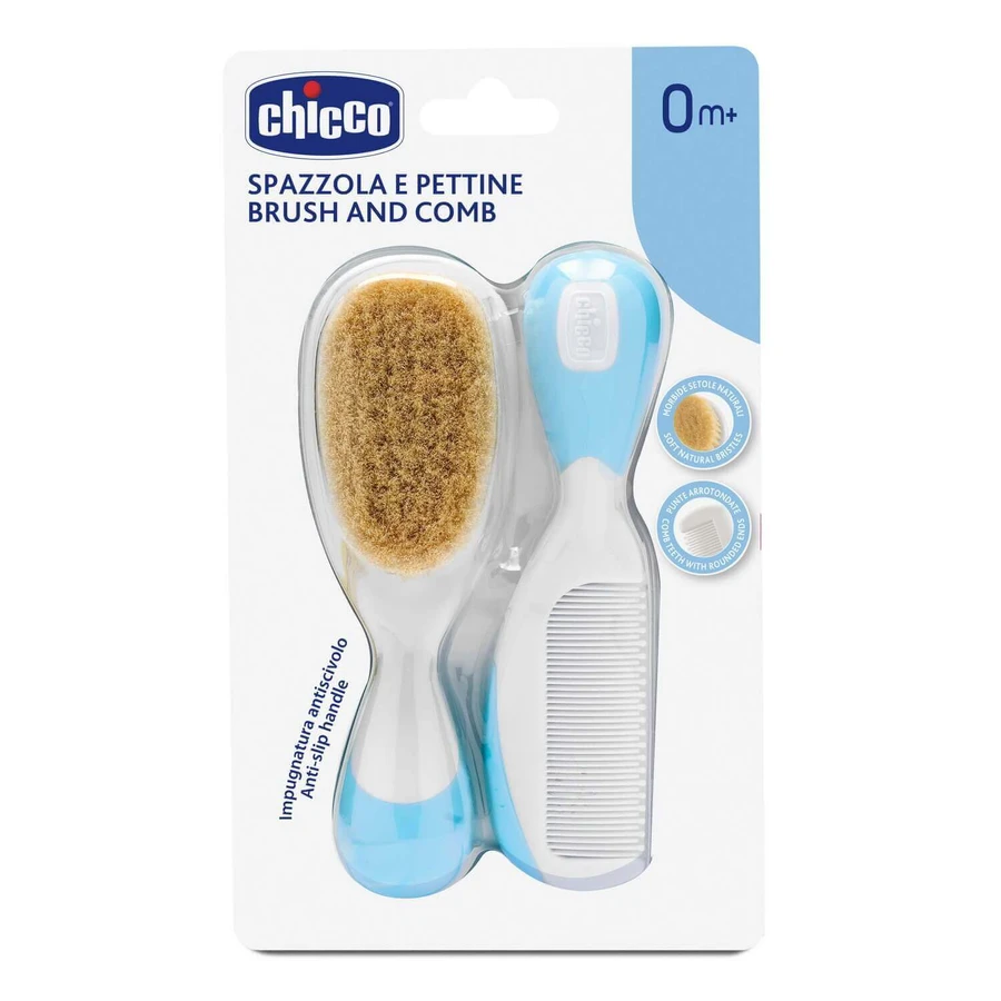 Набор Chicco: Щетка из натурального козьего ворса + Расческа-гребешок, с рождения, голубой: цены и характеристики