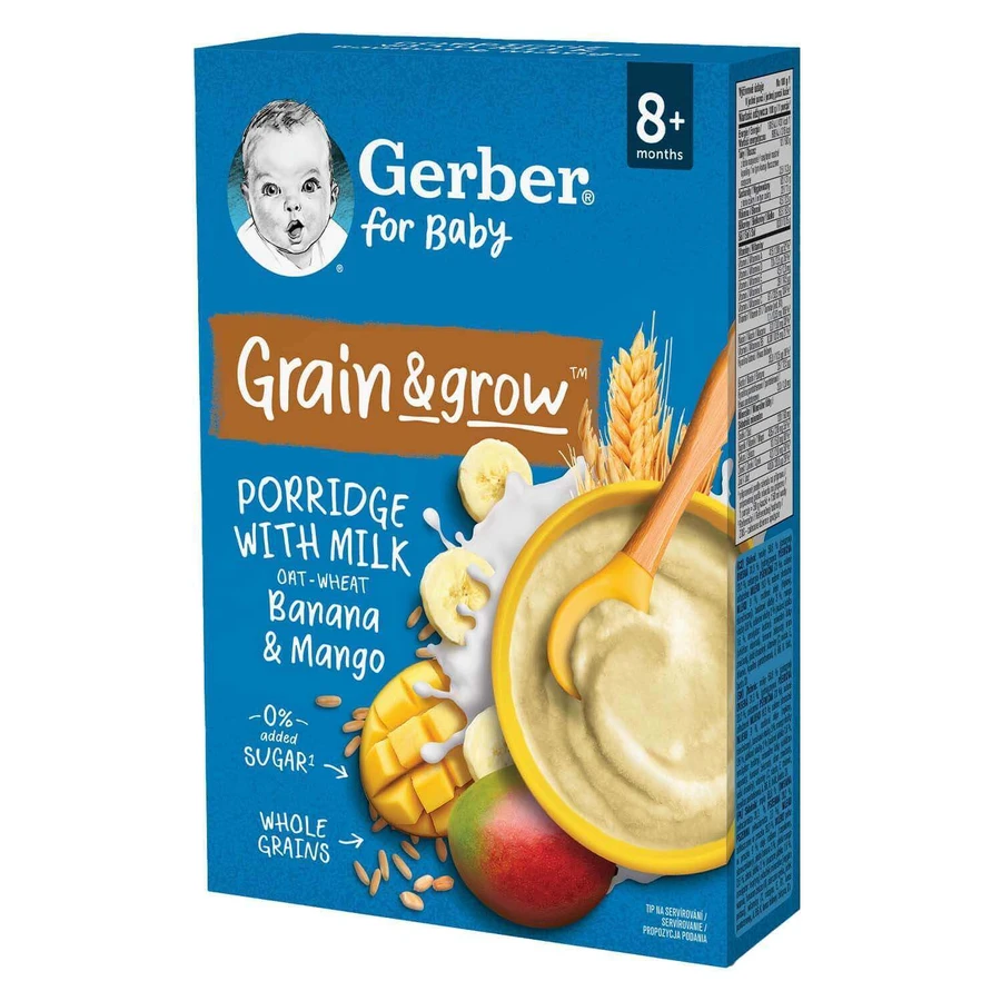 Сухая молочная овсяно-пшеничная каша Gerber Grain & Grow Banana & Mangо, без сахара, после 8 месяцев, 200 г: цены и характеристики