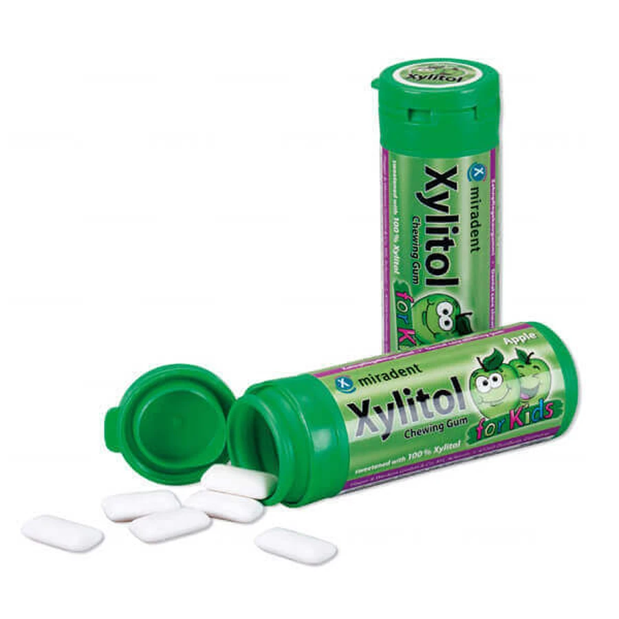 Miradent Xylitol, дитяча жувальна гумка з ксилітом, зі смаком яблука, 30 шт.: ціни та характеристики
