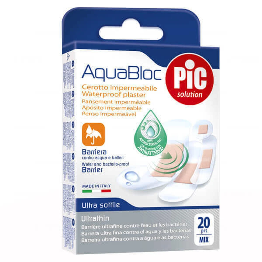 Pic Solution AquaBloc, пластир перев'язувальний, антибактеріальний, водонепроникний, Mix, 20 шт.: ціни та характеристики
