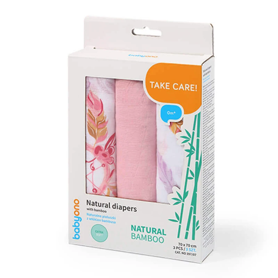 BabyOno Natural Bamboo, натуральні пелюшки з бамбуковими волокнами, 70 х 70 см, бамбук, кольорові, 3 штуки: ціни та характеристики