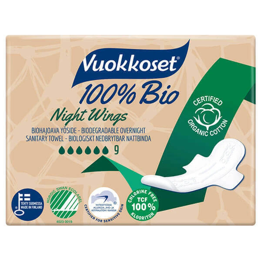 Vuokkoset, органические ночные полотенца из буйвола, 100% био, нормальные крылья, 9 шт.: цены и характеристики