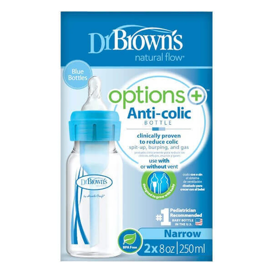 Dr Brown's Options+, Стандартная антиколиковая бутылочка с шейкой и соской размера 1, голубая, с рождения, 2 x 250 мл: цены и характеристики