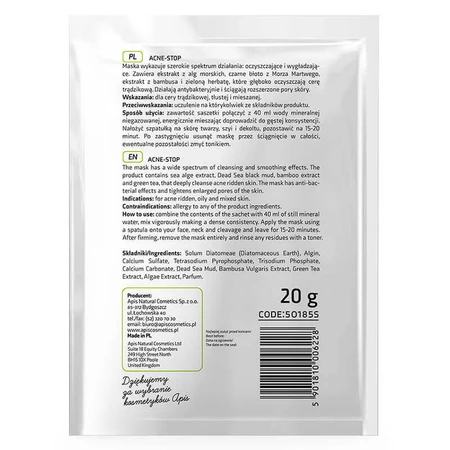 Apis Professional Acne-Stop, водоростева маска для шкіри, схильної до акне, 20 г: ціни та характеристики