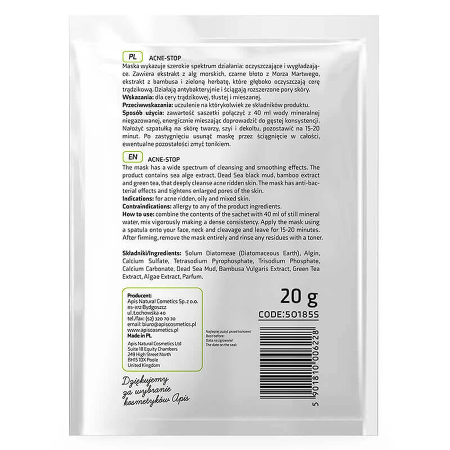 Apis Professional Acne-Stop, водоростева маска для шкіри, схильної до акне, 20 г: ціни та характеристики