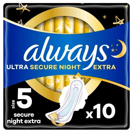 Always Ultra Secure Night, гигиенические салфетки с крылышками, размер 5, экстра, 10 штук: цены и характеристики