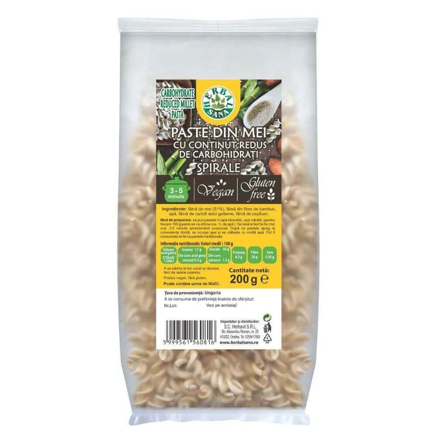 Макароны из проса с низким содержанием углеводов, спиральки, 200 г, Herbal Sana: цены и характеристики