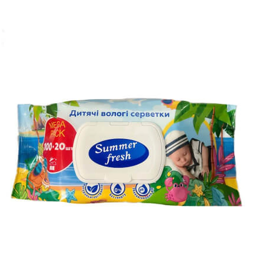 Салфетки влажные детские Summer Fresh с клапаном №100+20: цены и характеристики