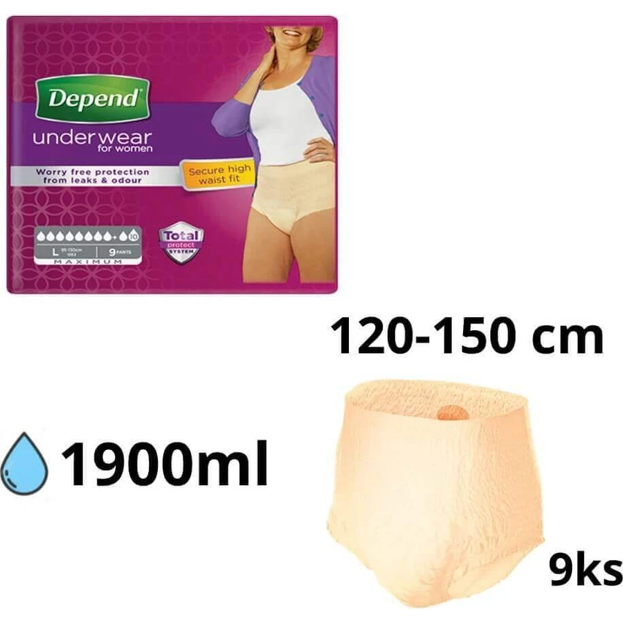 DEPEND MAXIMAL XL для жінок 1×9 шт, стрейч-труси, обхват стегон 120-105 см: ціни та характеристики