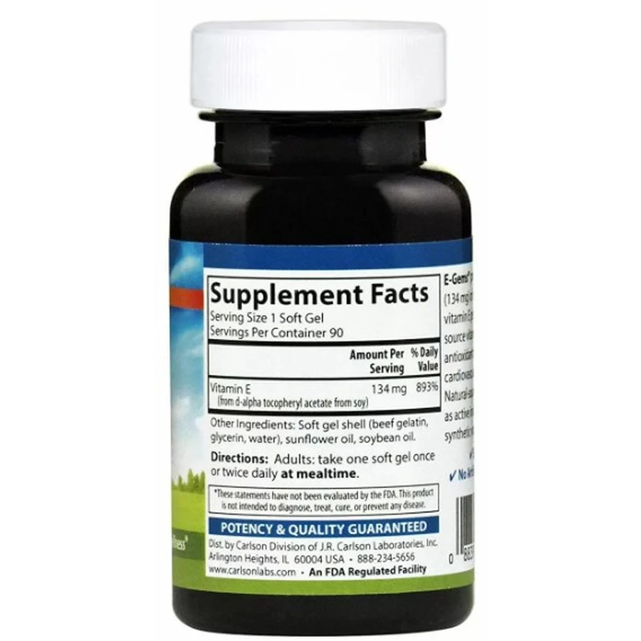 Вітамін Е, E-Gems Natural Vitamin E, Carlson Labs, 200 МО, 90 капсули: ціни та характеристики