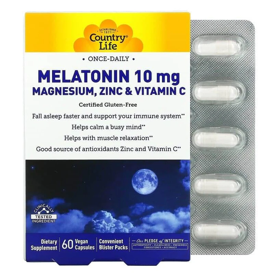 Мелатонин с магнием, цинком и витамином C, Melatonin, Country Life, 10 мг, 60 веганских капсул: цены и характеристики
