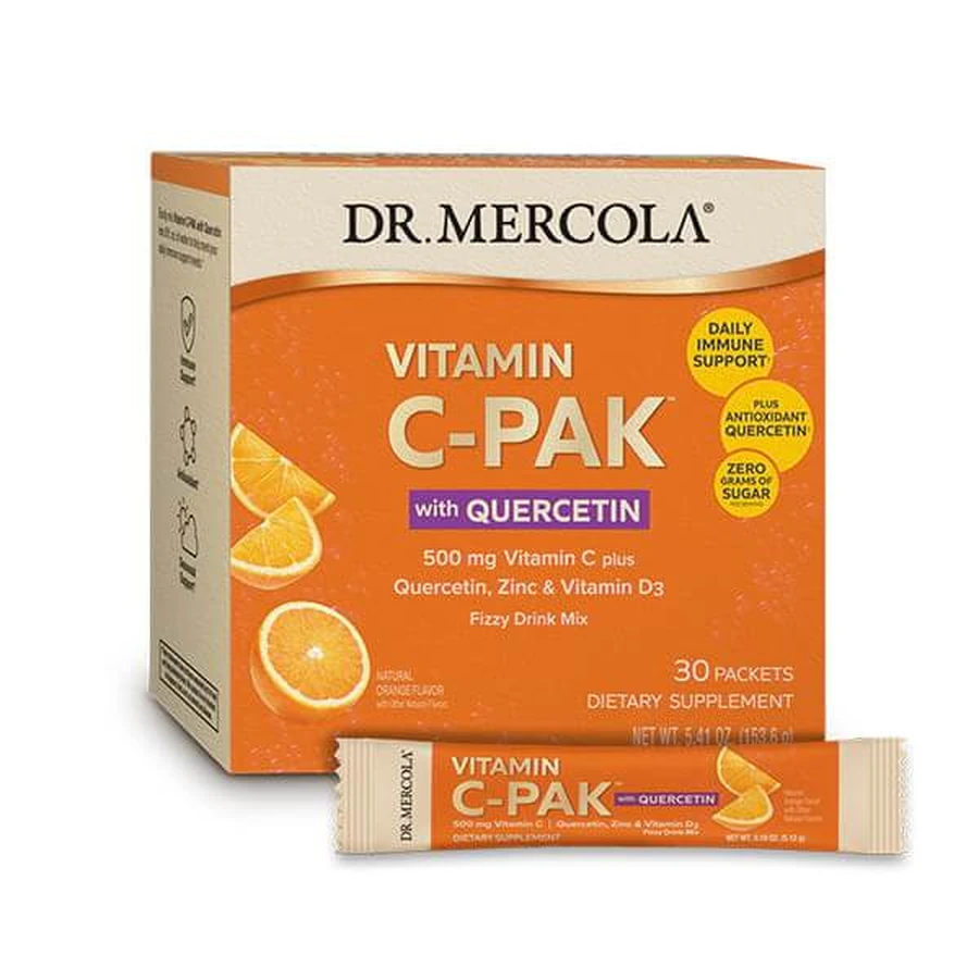 Вітамін С + цинк та вітамін D3, Vitamin C-PAK with Quercetin, Dr. Mercola, зі смаком апельсина, 500 мг, 30 пакетиків (4.84 г кожний): ціни та характеристики