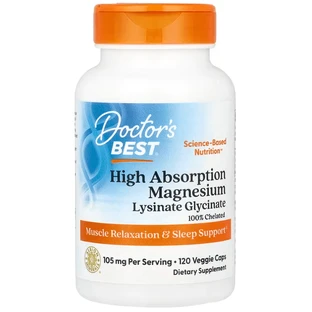 Магній 100% хелатний лізінат-гліцинат, High Absorption Magnesium, Lysinate Glycinate 100% Chelated, Doctor's Best, 105 мг, 120 капсул