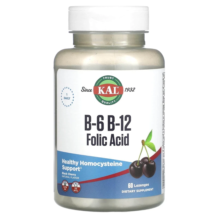Вітаміни B-6, B-12 та фолієва кислота, B6, B12 Folic Acid, KAL, смак чорної вишні, 60 льодяників: ціни та характеристики