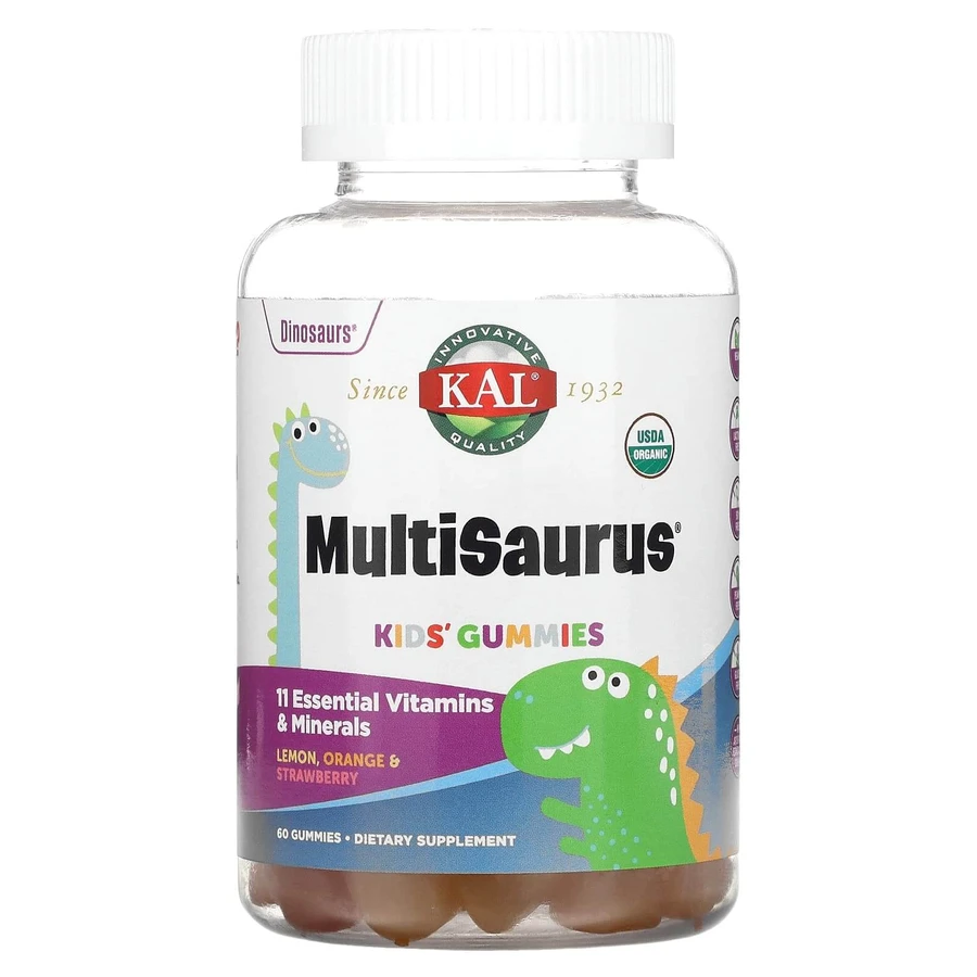 Мультивітамини для детей, Kids Multisaurus Gummies, KAL, лимон, апельсин та полуниця, 60 жувальних цукерок: ціни та характеристики