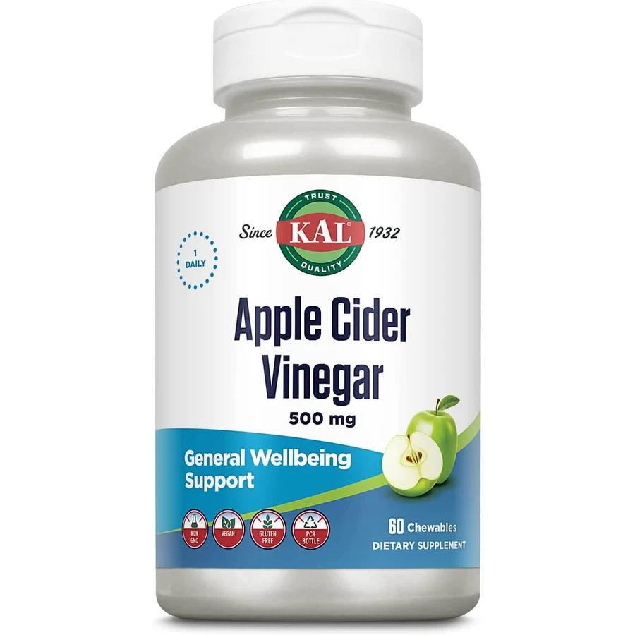 Яблучний оцет, Apple Cider Vinegar, KAL, смак зеленого яблука, 500 мг, 60 жувальних таблеток: ціни та характеристики
