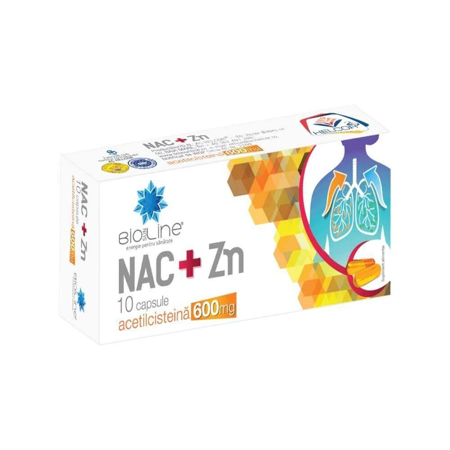 NAC+Zn 600 мг Ацетилцистеин с витамином С Биолайн, 10 капсул, Хелкор: цены и характеристики