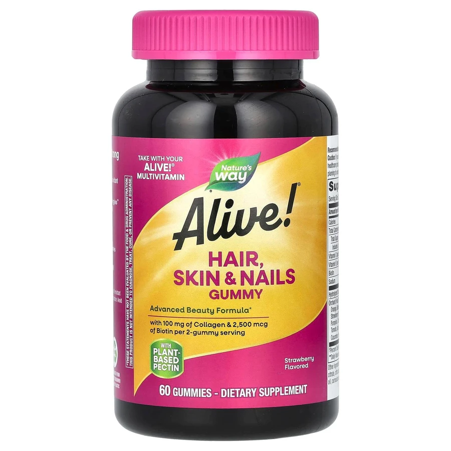 Мультивитамины для волос, кожи и ногтей, Natures Way, Alive! клубника, 60 жевательных конфет: цены и характеристики