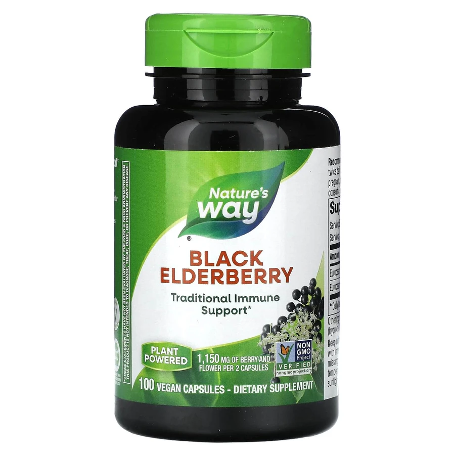 Чорна бузина, Black Elderberry, Nature's Way, 1150 мг, 100 веганських капсул (575 мг у капсулі): ціни та характеристики