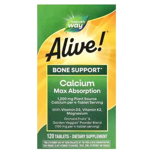 Кальций, Д3, К2 и магний Alive! Calcium, Max Absorption, Nature's Way, Alive!, укрепление костей, максимальное усвоение, 120 вегетарианских таблеток