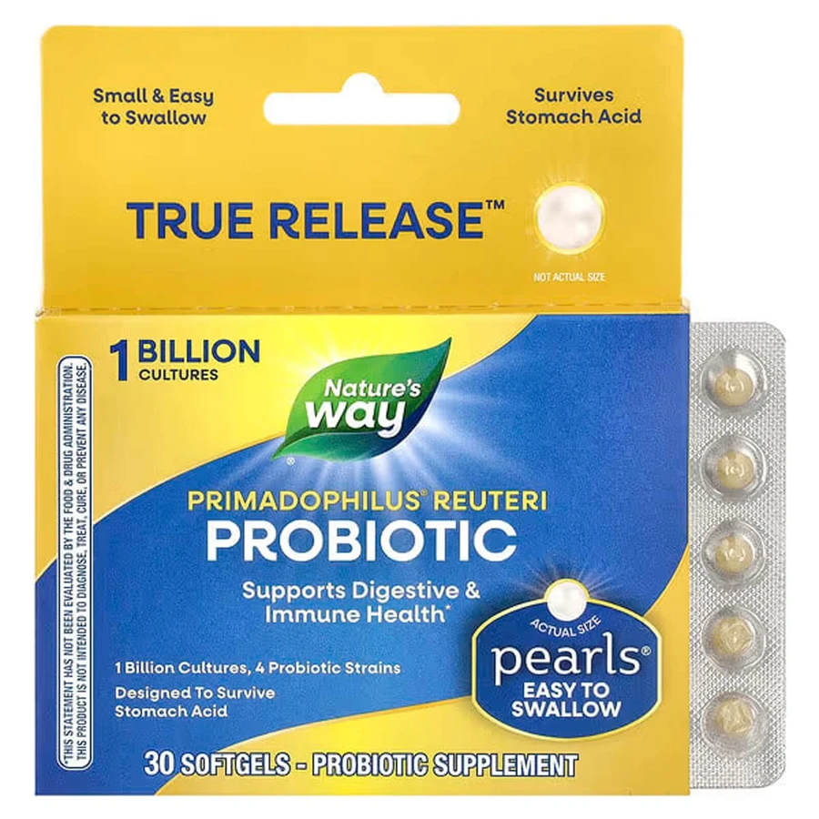 Пробіотики, Primadophilus Reuteri Pearls, Nature's Way, 1 млрд КУО, 30 гелевих капсул: ціни та характеристики