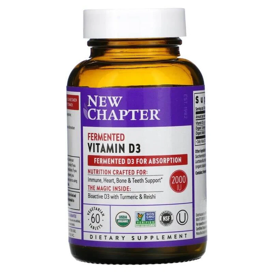 Вітамін Д3, ферментований, Fermented Vitamin D3, New Chapter, 2000 МО, 60 вегетаріанських таблетки: ціни та характеристики