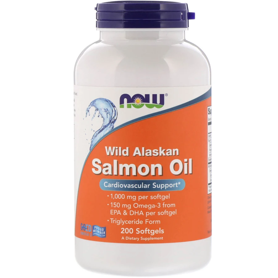 Масло лосося, Wild Alaskan Salmon Oil, Now Foods, 1000 мг, 200 капсулы: цены и характеристики