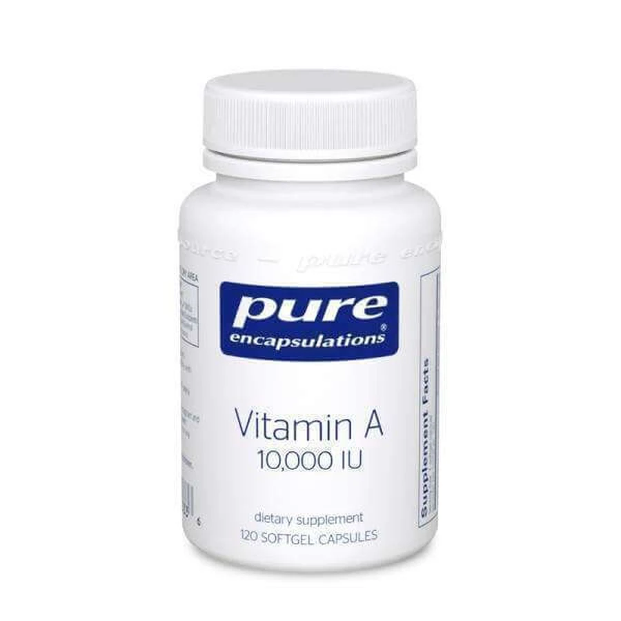Вітамін A, Vitamin A, Pure Encapsulations, з масла печінки тріски, підтримує імунне і клітинне здоров'я, зір, кістки, шкіру і репродуктивну функцію, 10,000 МО, 120 капсул: ціни та характеристики
