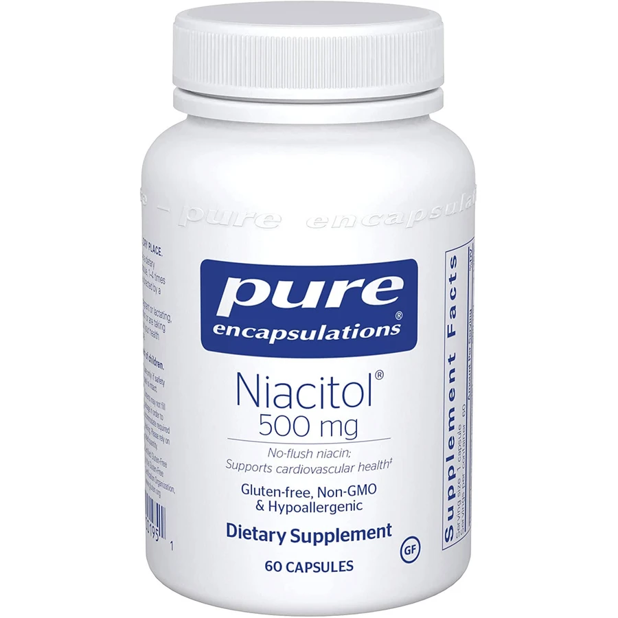 Ніацин не викликаючий почервоніння, Niacitol, Pure Encapsulations, для підтримки травлення, синтезу гормонів і утворення тканин, 500 мг, 60 капсули: ціни та характеристики