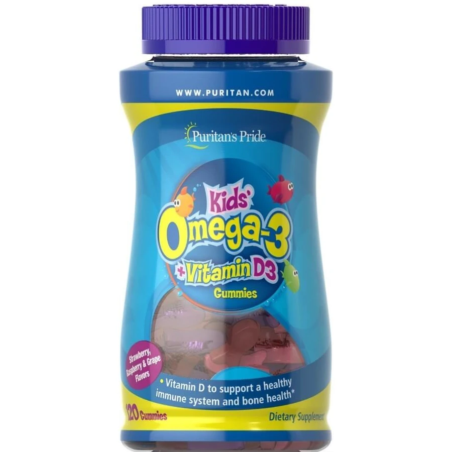 Омега-3 и витамин Д3 для детей, Kids Omega 3, Puritan's Pride, со вкусом виноград-клубника-малина, 120 жевательных конфет: цены и характеристики
