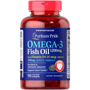Омега-3 риб'ячий жир + вітамін Д3, Omega-3 Fish Oil of Vitamin D3, Puritan's Pride, 1200/1000 МО, 90 капсул