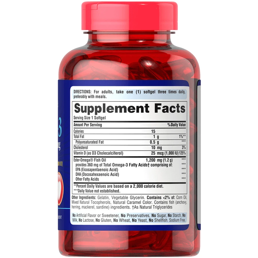 Омега-3 риб'ячий жир + вітамін Д3, Omega-3 Fish Oil of Vitamin D3, Puritan's Pride, 1200/1000 МО, 90 капсул: ціни та характеристики